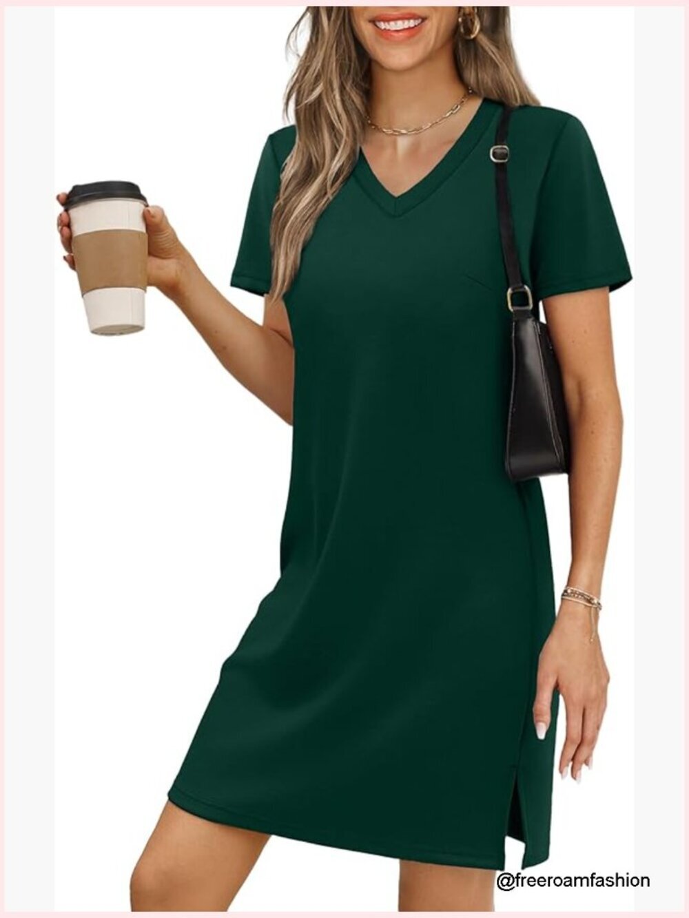 V-Neck Short Sleeve A-Line Mini Sundress with Side Slits